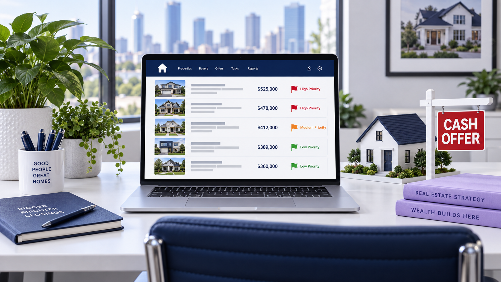 Laptop showing a prioritized list of homeowner contacts next to a model house with a Cash Offer sign