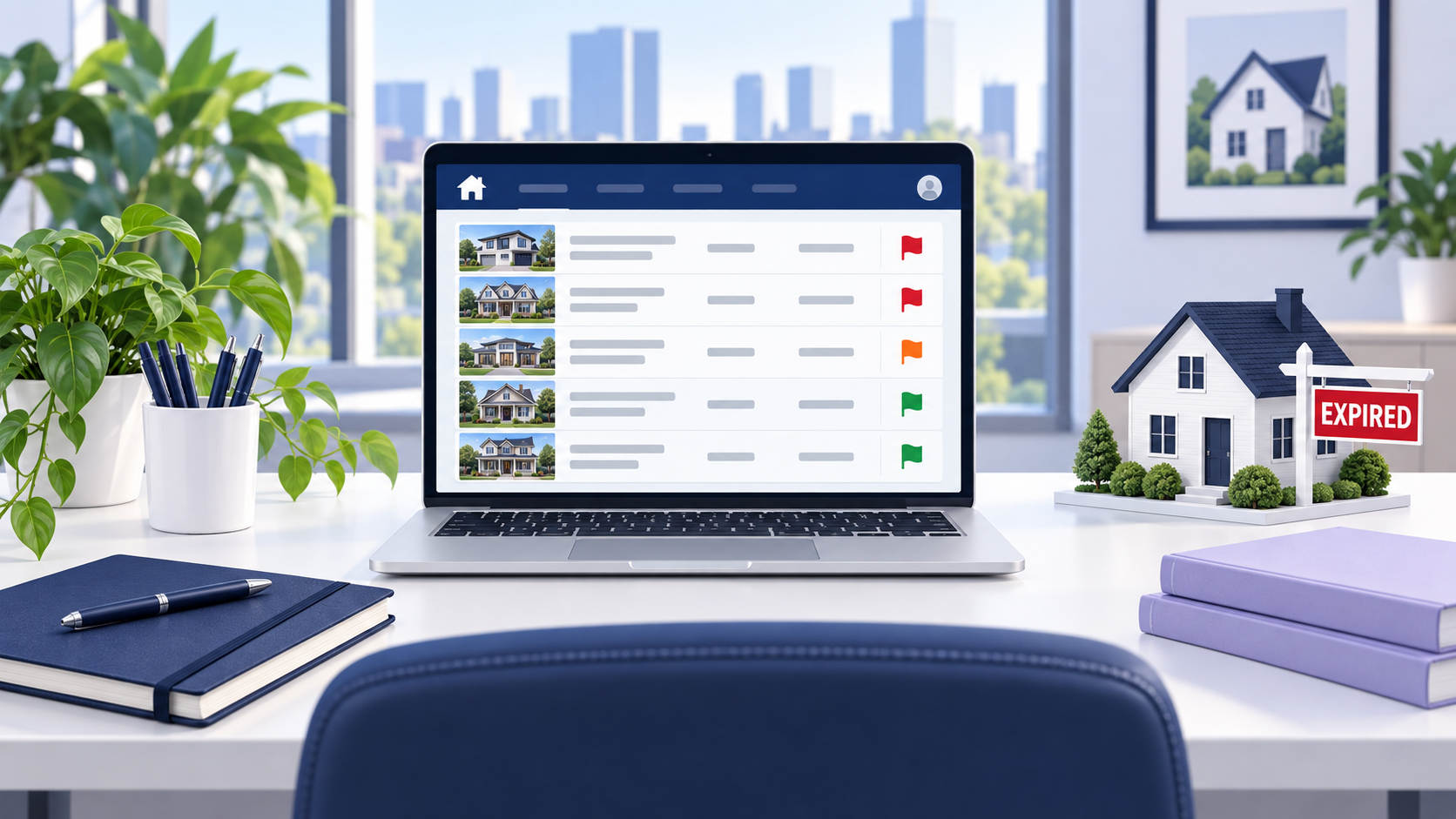 Laptop showing an organized list of expired listings with priority flags, next to a phone call and a house with an expired sign