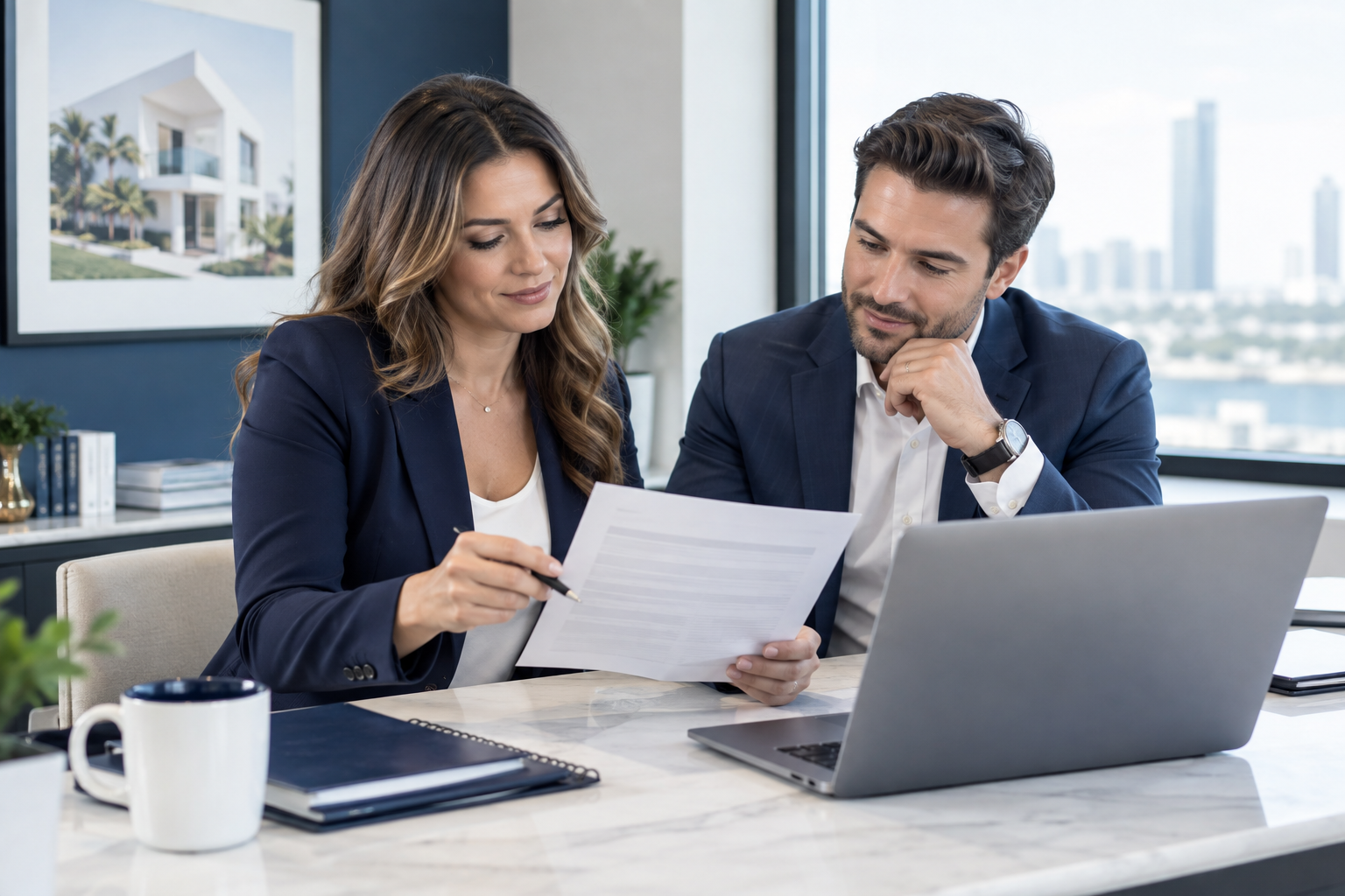 Real estate agent and consultant reviewing a call script together at an office desk