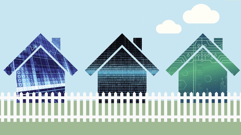 Illustration of houses rendered in binary code and circuit patterns, representing organized buyer lead data